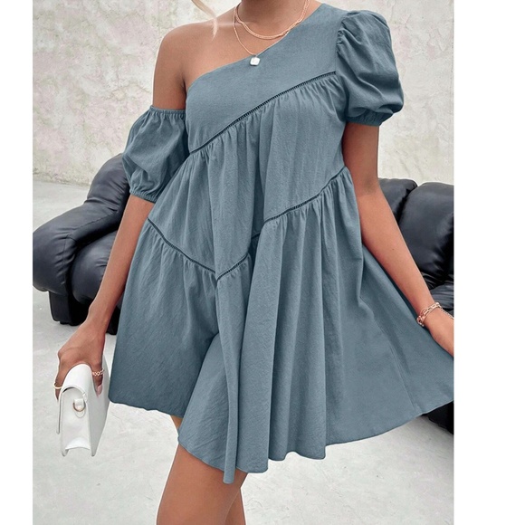 Boho Dusty Blue One shoulder Puff Sleeve Flared Hem Mini Dress - Picture 1 of 5